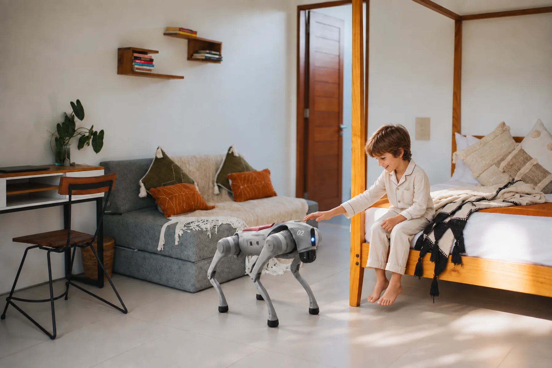 Child greeting a robot dog in a Bali villa bedroom