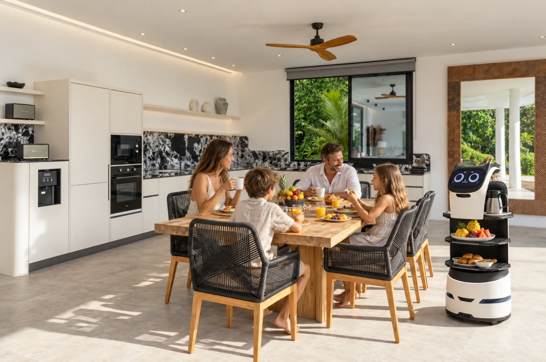 Family breakfast served by a hospitality robot