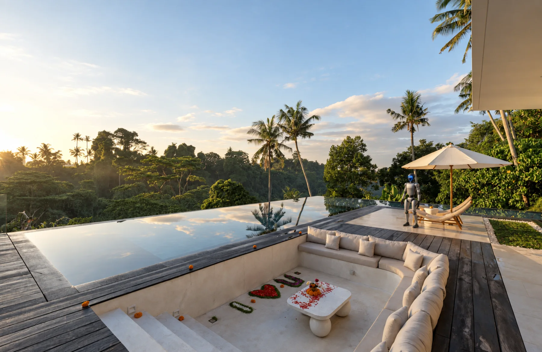 Humanoid experience on a Bali villa pool deck
