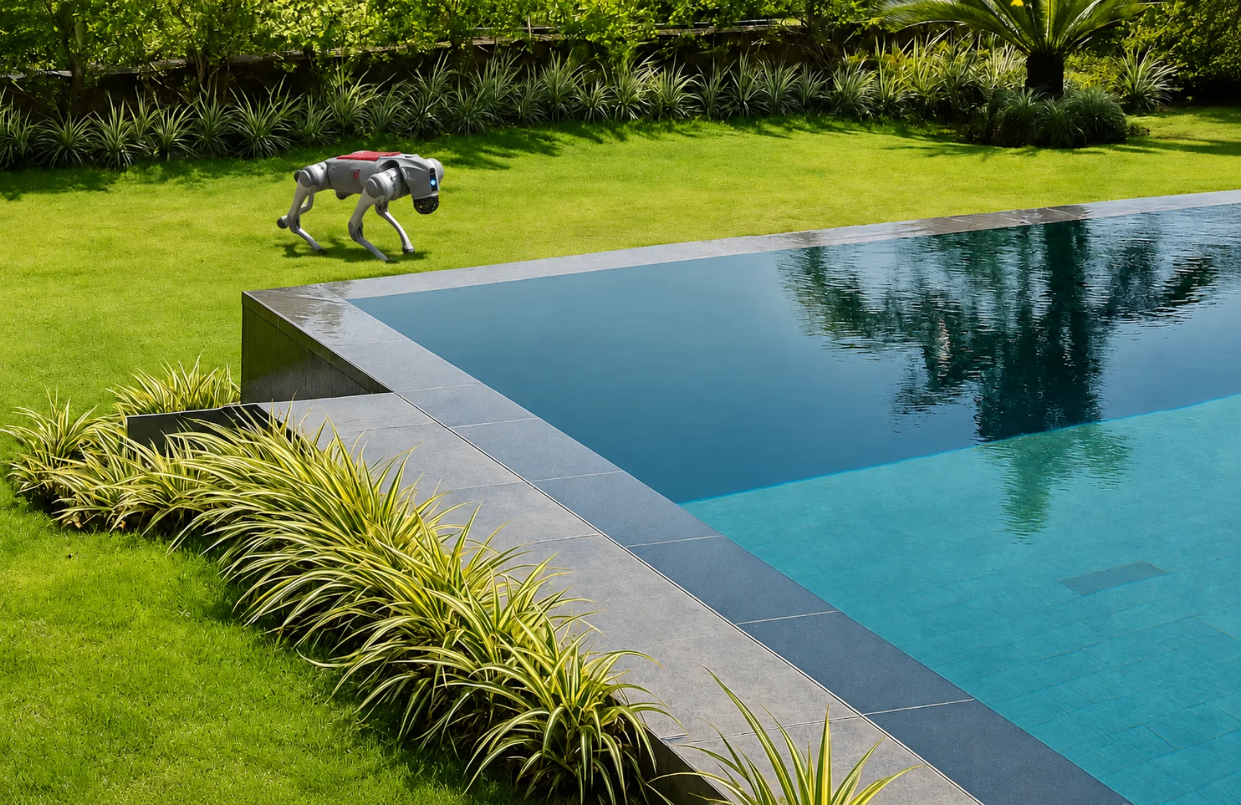 Robot dog experience beside a Bali villa pool
